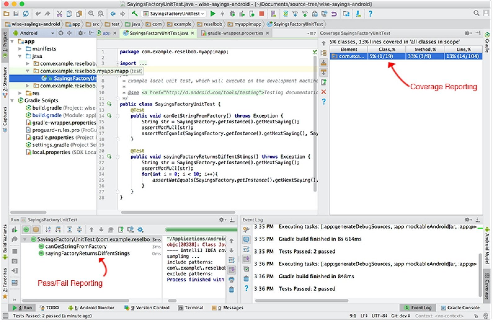A screenshot showing the code coverage capabilities of unit testing under Android Studio.