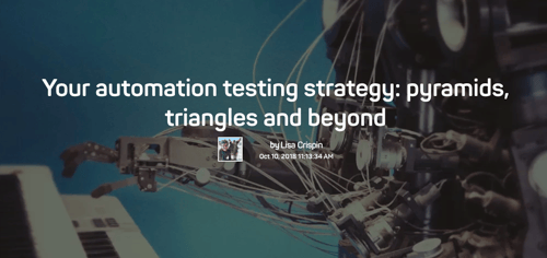 The words your automation testing strategy: pyramids, triangles and beyond, over an image of a robotic arm playing a keyboard.