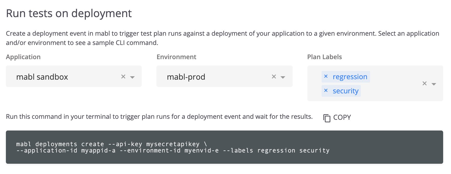 A screenshot showing how you can use the CLI to run mabl tests on deployment.