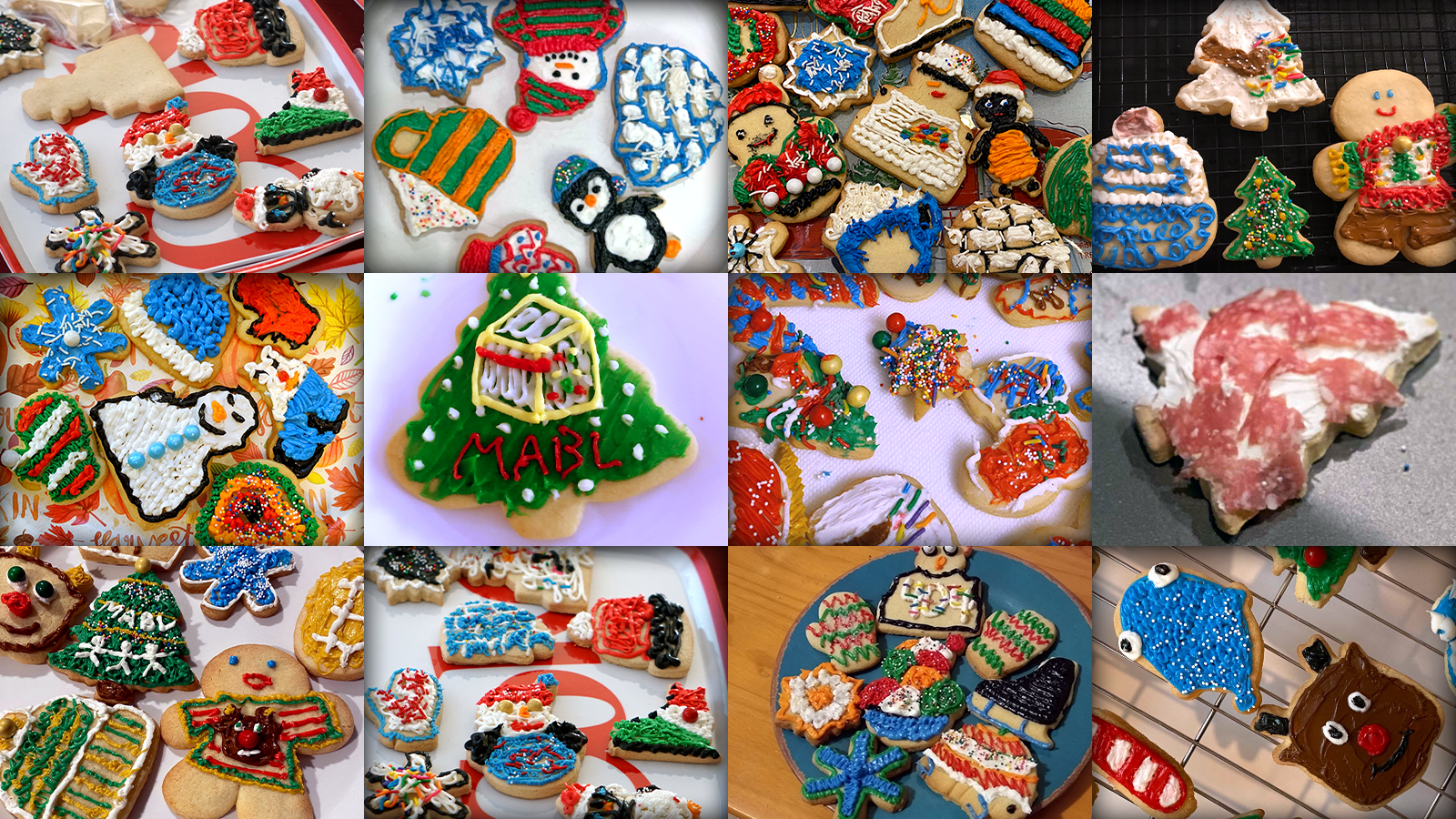 A collage of all sorts of decorated Christmas sugar cookies.