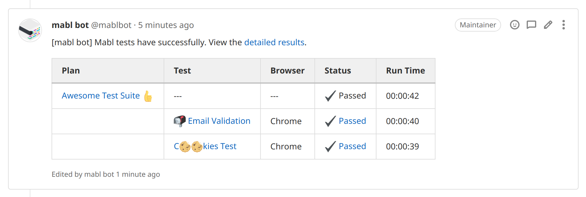 A screenshot showing how to increase team collaboration and visibility by viewing mabl test results directly in GitLab.