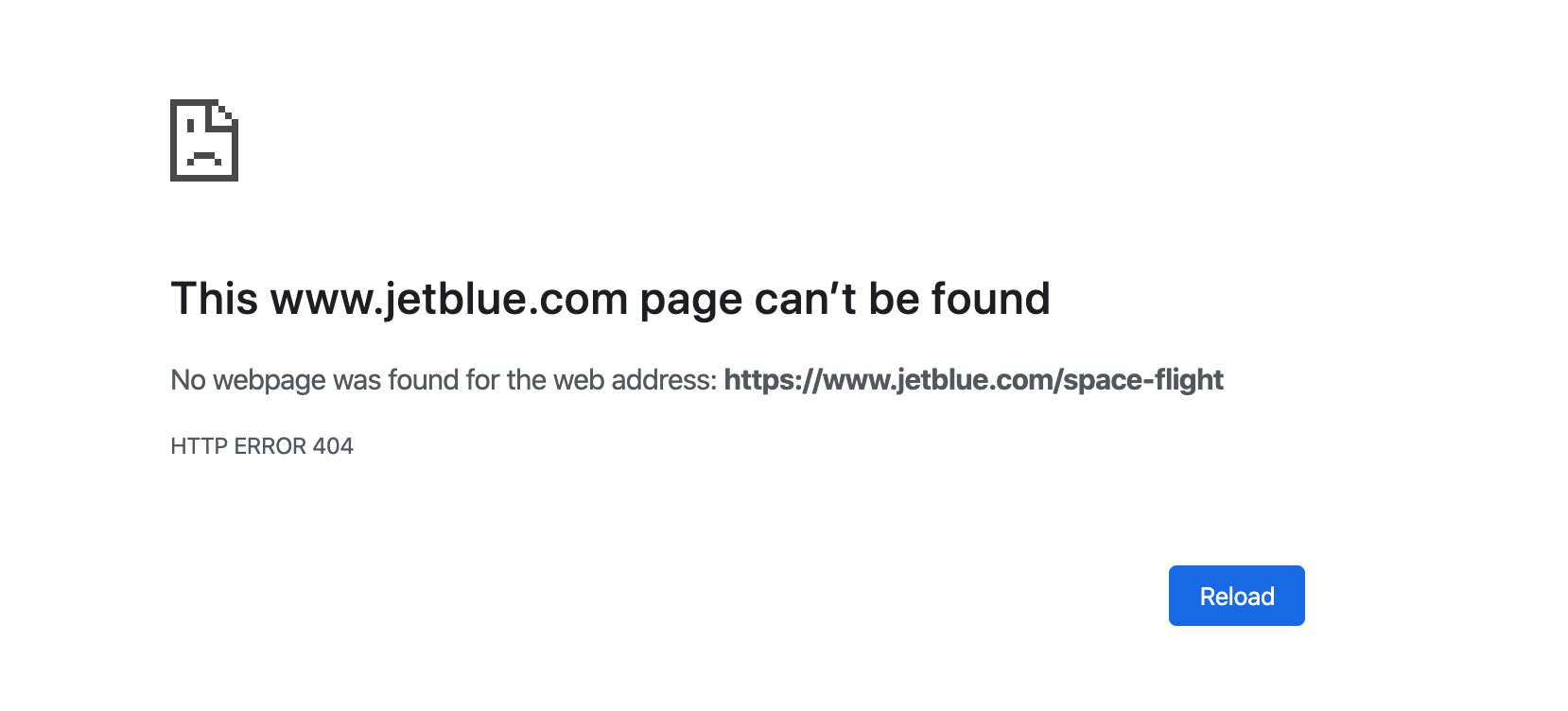 A screenshot showing a broken link to a Jet Blue page. 