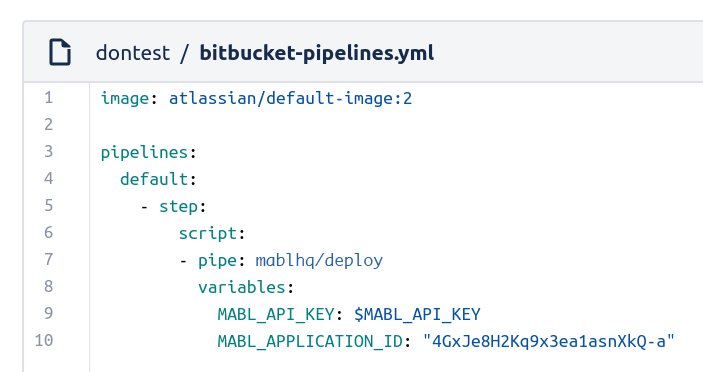 A screenshot showing an example pipeline which contains one step that uses a mabl pipe.