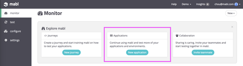 A screenshot showing 3 options in the mabl dashboard and how to create a new application.