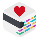 A box with multicolored lines on one side, a thick black line on the other, and a heart on top.