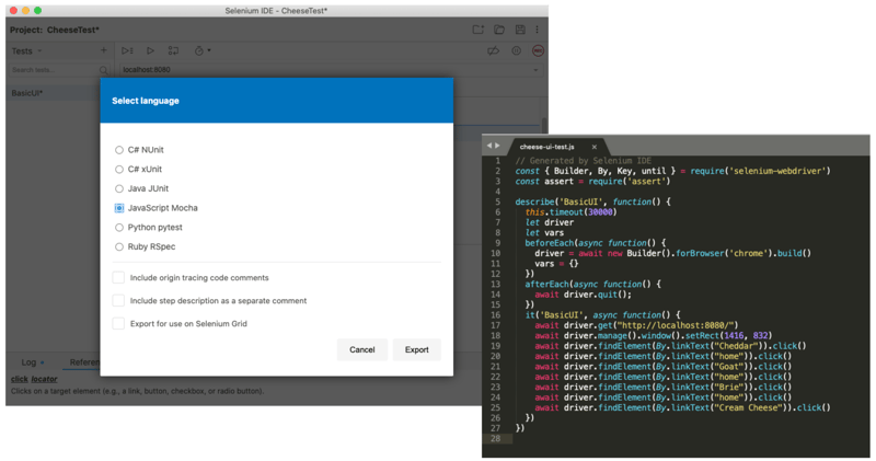 2 screenshots showing that a tool such as the Selenium IDE supports exporting recorded UI tests to code.