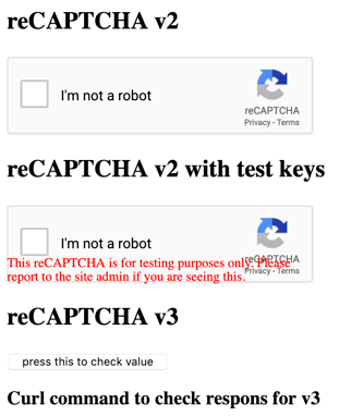 3 versions of captchas: reCAPTCHA v2, reCAPTCHA v2 with test keys, and reCAPTCHA v3.
