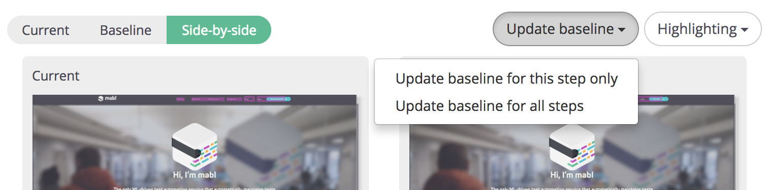 A screenshot showing that Update Baseline button, which will let you update the visual baseline of your app.